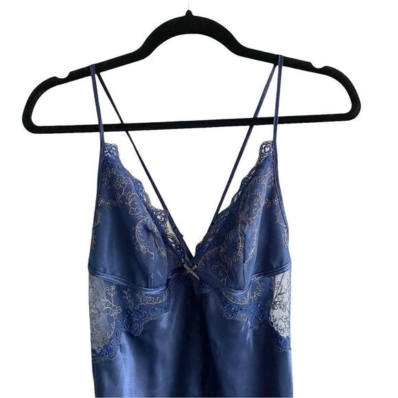PARAH Lingerie Blue Satin Sleeveless Short Nightgown Nightdress Chemise Lace M - Picture 2 of 9